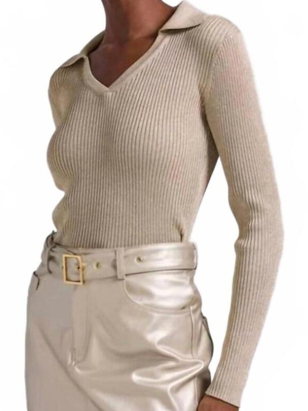 Generation Love Stetch Metallic Shimmer Gold Ribbed Sweater, V-Neck, Collar, S